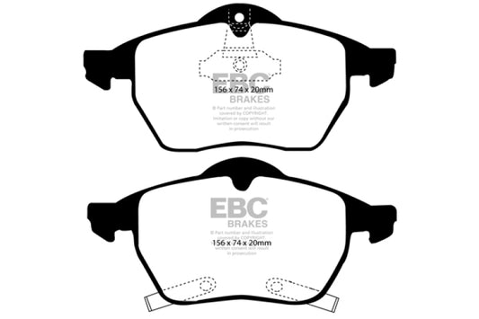 EBC Ultimax2 front brake pads for Saab 9-3 2.0 Turbo, OE type, showing the black brake pad material and metal backing plate.