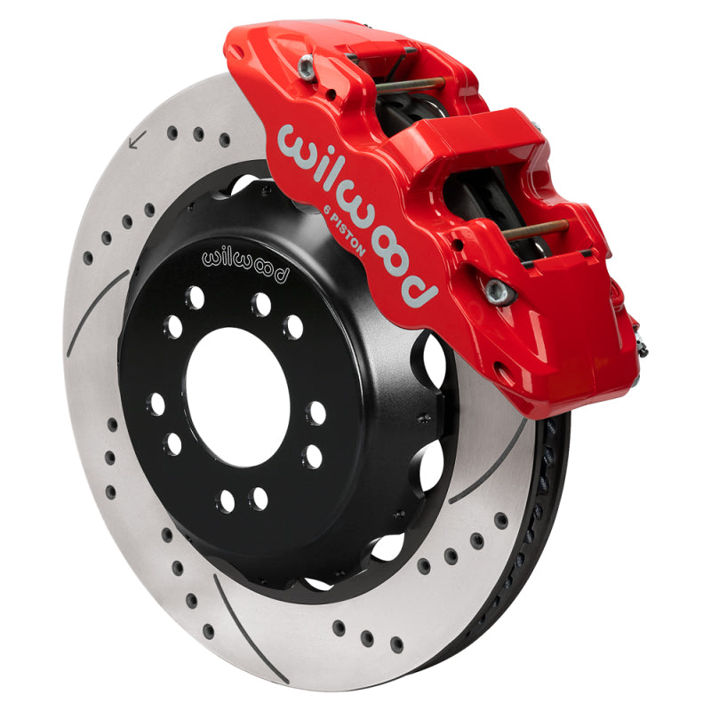 Wilwood Ford Mustang II Aero6 front brake kit with 14-inch drilled and slotted rotors in red, designed for high-performance braking.