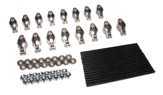 COMP Cams Rocker Arm and Pushrod Kit showing metal rocker arms and pushrods for engine performance enhancement.