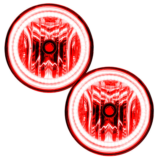 Oracle Lighting red LED halo fog lights for 2008-2011 Ford Ranger, pre-assembled, showcasing vibrant red illumination in a clear housing.