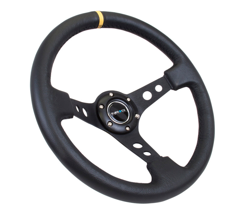 NRG reinforced 350mm black leather steering wheel with cutout spoke and yellow center mark, 3-inch deep design for racing cars