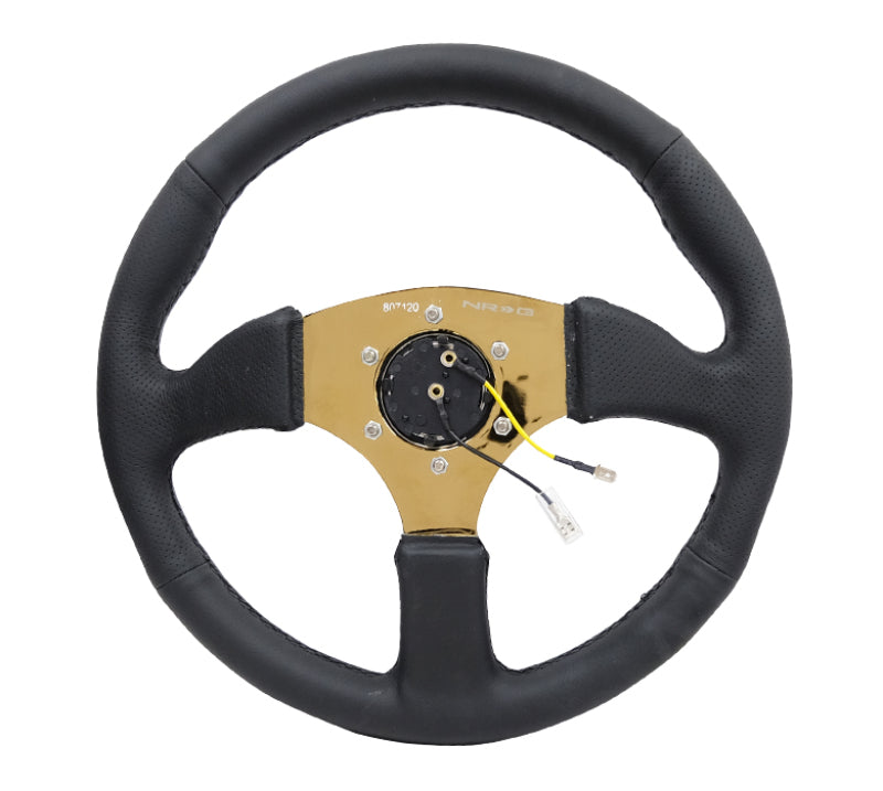 NRG reinforced leather race steering wheel, 350mm diameter with 4mm gold spokes, deep 2.5-inch grip for racing comfort