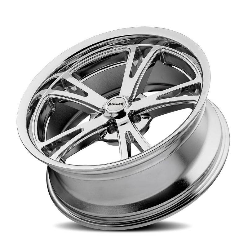 Chrome Ridler 606 17x8 cast wheel with 5x120.65 bolt pattern, 0mm offset, 83.82mm hub for automotive use