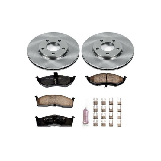PowerStop OE front brake kit for 1996 Chrysler Town & Country with brake rotors and pads installed.