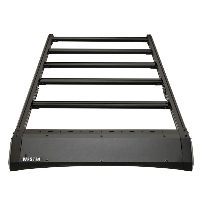 Westin 25-26 Toyota 4Runner Mesa roof rack installed on vehicle, showcasing durable black metal construction for cargo transport.
