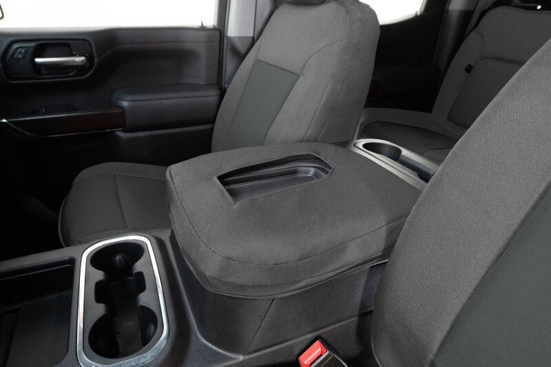 Covercraft Mercedes Sprinter front seat covers in silver and charcoal, designed for 18-24 model year Mercedes Sprinter vans.