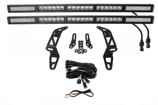 Diode Dynamics SS30 bumper bracket kit for Jeep JL Wrangler/Gladiator, white dual light bars and cubes mounted on vehicle.