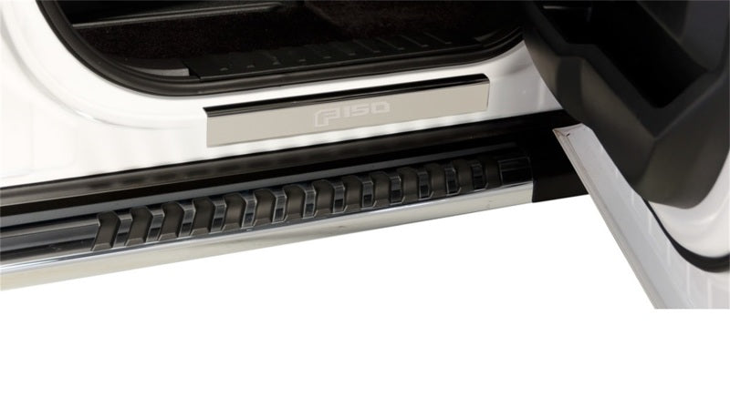 Putco stainless steel door sills for 2015-2020 Ford F-150 regular and super cab with etched F-150 logo, set of four.