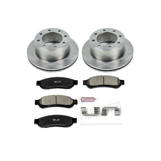 PowerStop OE brake rotors for Ford F-350 Super Duty rear brake kit, showing new rotor with vented design and mounting surface.