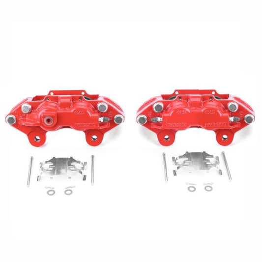 Pair of PowerStop front red brake calipers for Chevy Colorado 2015-2019, performance replacement without brackets, high-quality brake parts.