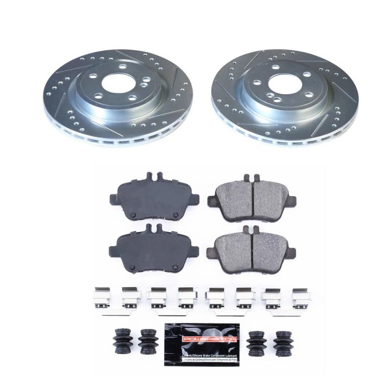 PowerStop Z23 Evolution Sport brake kit for rear of 2014-2019 Mercedes-Benz CLA250, showing brake rotors and pads.