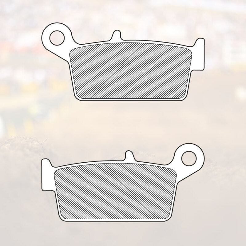 Renthal racing brake pads for Honda CR/XR, Kawasaki KX, Suzuki RM, and Yamaha Rr bikes, shown in a close-up image.