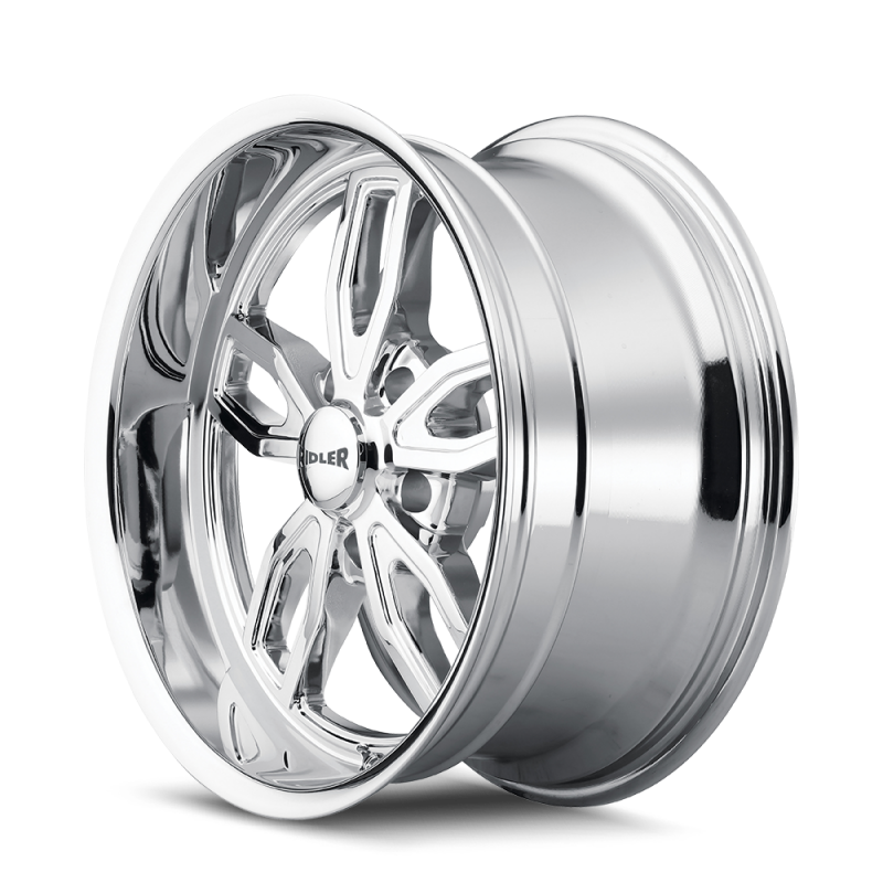Ridler 608 chrome cast wheel, 18x8 inches, 5x114.3 bolt pattern, 0mm offset, 72.62mm hub bore, for vehicles.