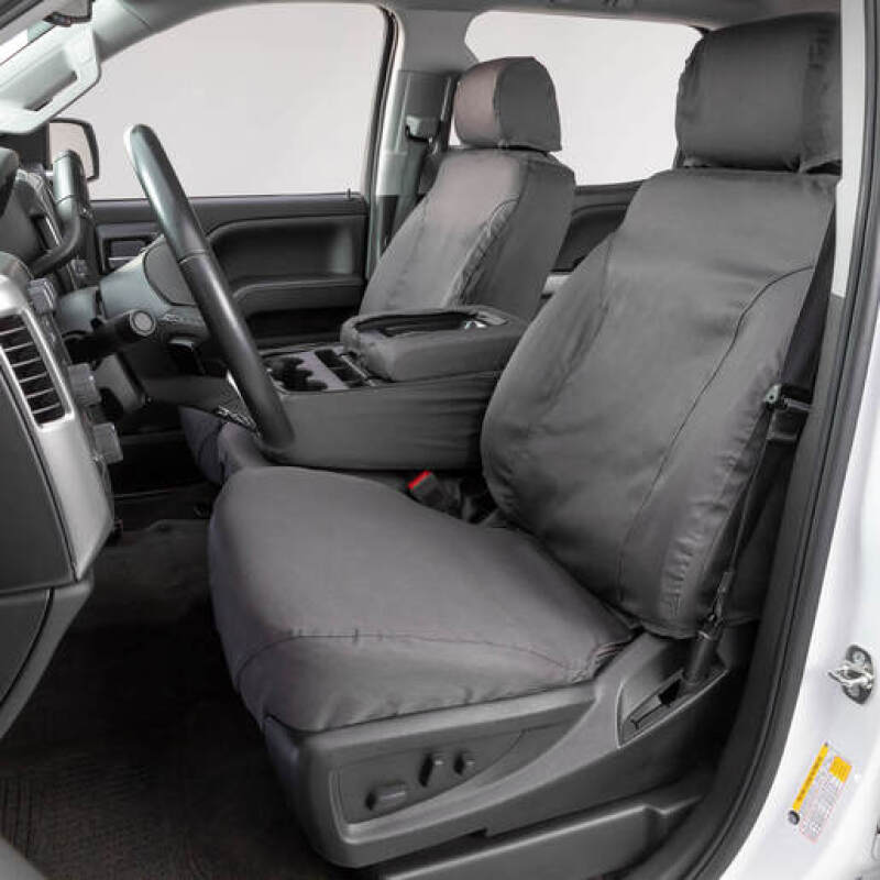 Covercraft grey custom front seat covers for Chevrolet Silverado 2003-2006, made of polycotton fabric, designed for front row seats.