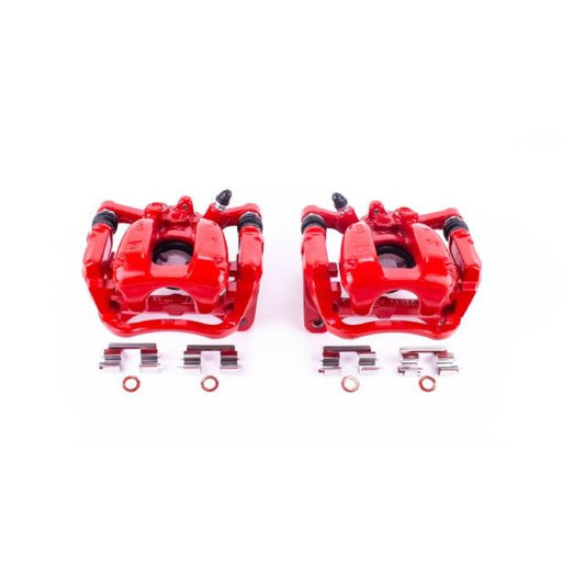 Pair of PowerStop rear red brake calipers with brackets for 2017 Buick LaCrosse, performance brake calipers for enhanced stopping power.