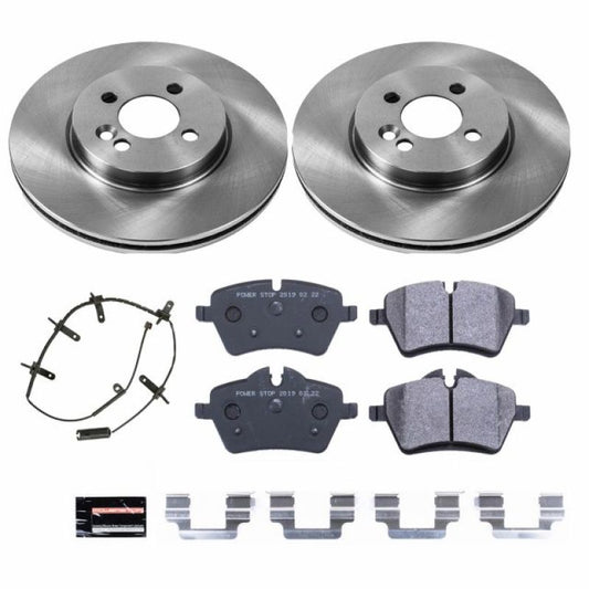 PowerStop Mini Cooper front track day brake kit with performance brake components and blank rotors, designed for enhanced braking.