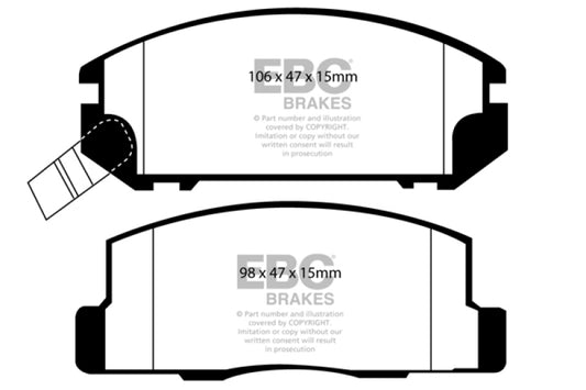 EBC Redstuff rear brake pads for Toyota MR2 1999-2002, high-performance brake pads with red friction material.