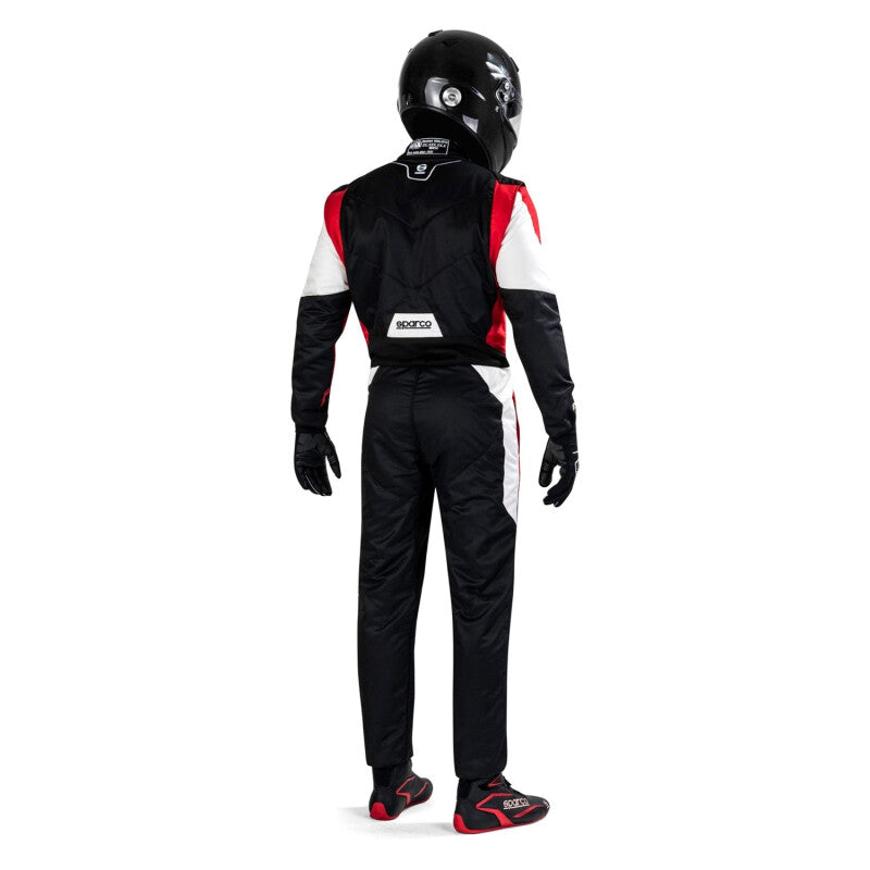 Black and red Sparco racing suit for competition, made of durable material, featuring branding and safety details.