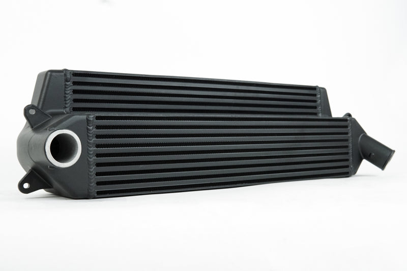 Black CSF intercooler for Hyundai Veloster N and i30 N, stepped core design, high-performance automotive cooling component.