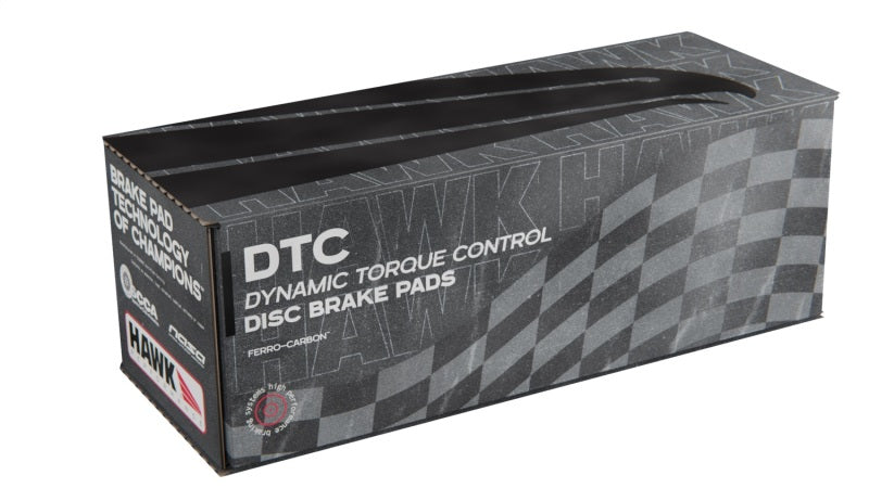 Hawk Performance Mazda RX-8 and Nissan Track DTC-60 racing rear brake pads with metal backing plates and brake surface.