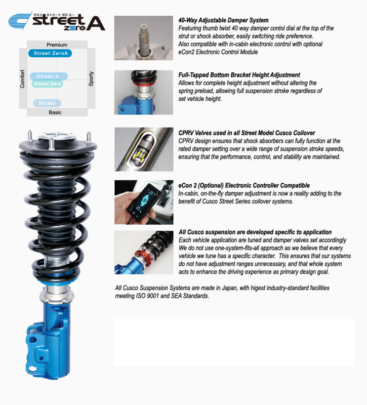 Cusco 2023+ Nissan 400Z RZ34 street zero-adjustable coilover kit with pillowball upper mounts, shown with coilover shock and spring