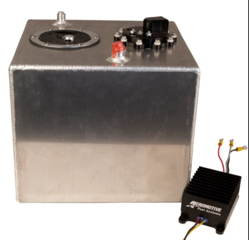 Aeromotive 6-gallon fuel cell with TVS 90-degree outlet and brushless A1000 pump in a sleek, durable design for high-performance vehicles.