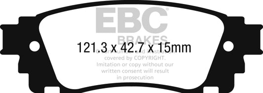 EBC 2017+ Toyota C-HR 2.0L Redstuff performance rear brake pads showing red friction material for enhanced braking power.