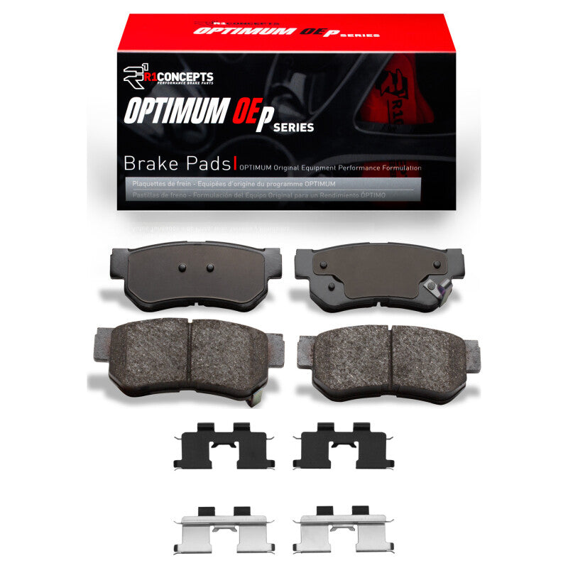 R1 Concepts Hyundai Tucson R1 99-10 rear OE brake pads and hardware kit installed on the vehicle's brake system.