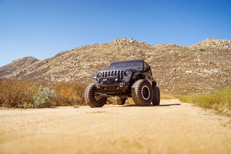 Steel DV8 Offroad FS-25 stubby front bumper with plated bull bar for Jeep Wrangler and Gladiator JT/JK/JL, off-road vehicle accessory