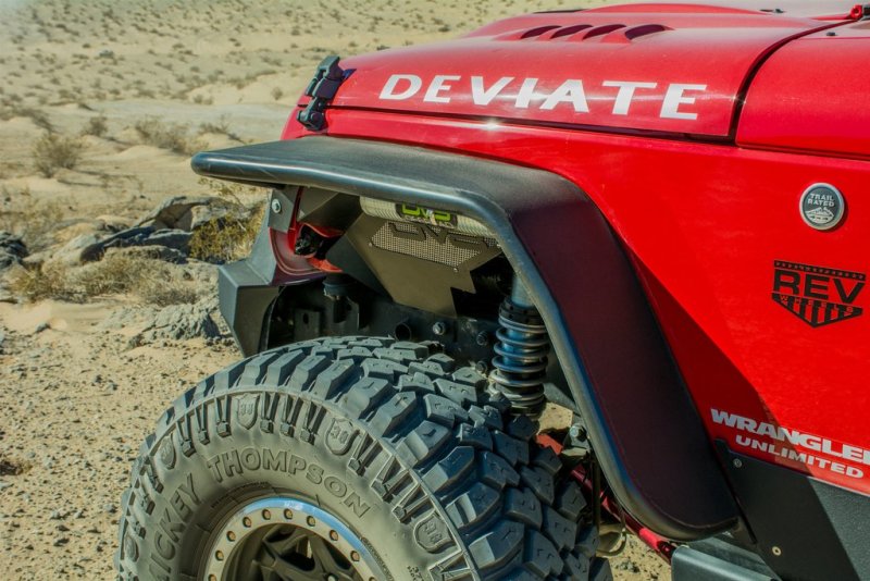 DV8 Offroad Jeep Wrangler JK flat tube fenders in black, showing front and rear fender designs for 2007-2018 models.
