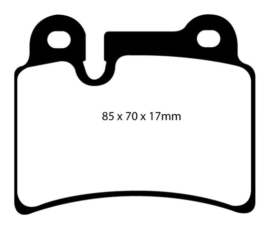 EBC Redstuff rear brake pads for Volkswagen Touareg 3.6, showing the brake pad with two pin holes at the top of the backplate.