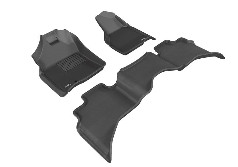 3D MAXpider rubber floor mats for Dodge Ram 1500 Quad Cab 2009-2012 in black, full set with one eyelet visible.