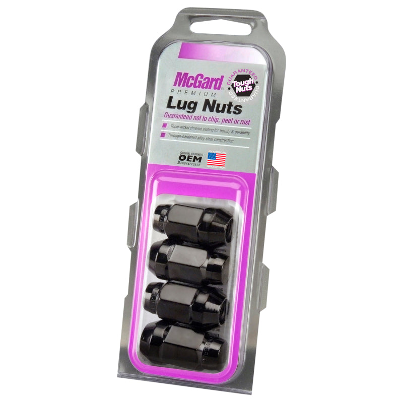 McGard black hex lug nuts with cone seat bulge style, 1/2-20 thread, 3/4 inch hex, 1.45 inch length, 4-pack for vehicle wheels