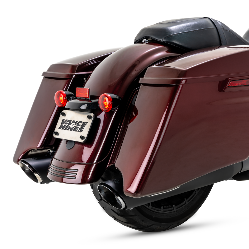 Vance & Hines motorcycle slip-on exhaust for Harley-Davidson Touring, CVO Touring, and Trike models with twin slash round design