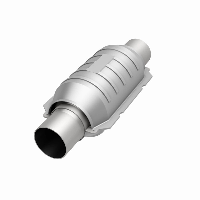 MagnaFlow universal catalytic converter for cars, 2.25-inch diameter, OEM CARB compliant, with metallic finish and mounting flanges