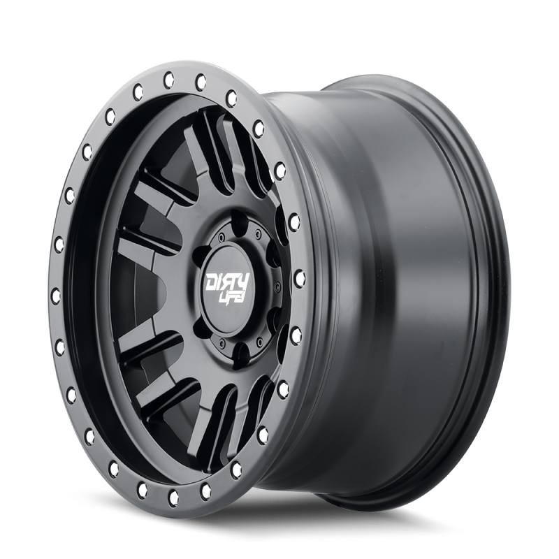 Dirty Life Canyon Pro 17x9 matte black cast beadlock wheel with 6x139.7 bolt pattern, 0mm offset, 106mm hub for off-road vehicles.