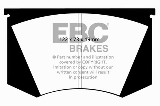 EBC 64-66 Ac Cobra 7.0 Redstuff front brake pads for performance braking, showing red friction material and metal backing plates.