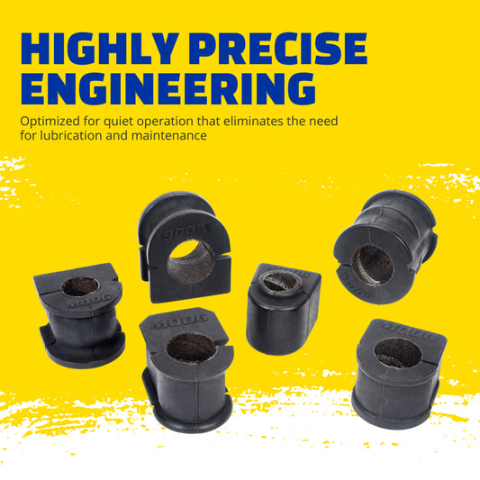 Moog sway bar bushings for 2019 Chevrolet Silverado 1500 LD front suspension, shown mounted on sway bar and frame.