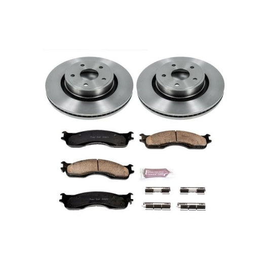 PowerStop OE brake rotors for 2004 Dodge Ram 1500 front brake kit, showing new automotive brake rotors with mounting hardware