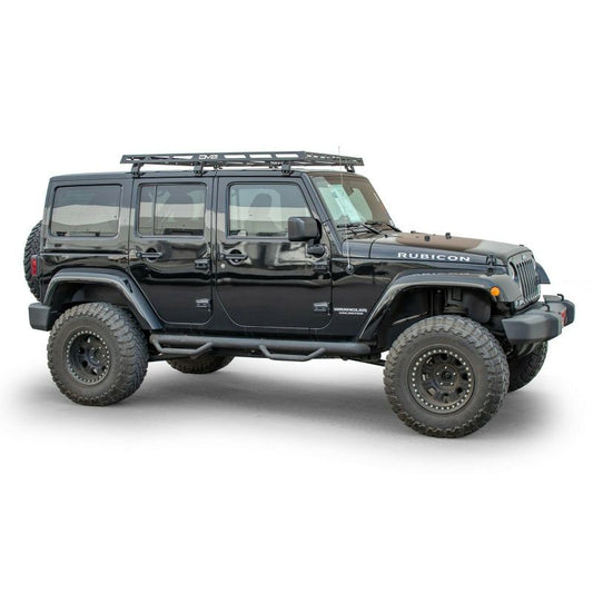 DV8 Offroad roof rack for Jeep Wrangler JK, JL, Gladiator JT 4-door, 2-door models, mounted on vehicle roof for offroad adventures