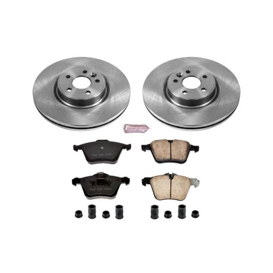 PowerStop OE brake kit for 2013-2014 Volvo S60 front brakes with brake rotors and pads, installed on the vehicle.