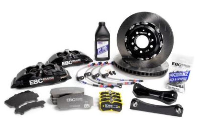 EBC Racing Black Apollo-4 big brake kit with 355mm rotors installed on a BMW 3-Series F30/F31/F34, front view showing calipers and rotors