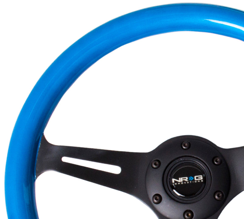 NRG Classic wood grain steering wheel, 350mm blue pearl/flake paint with black 3-spoke center, designed for automotive use.