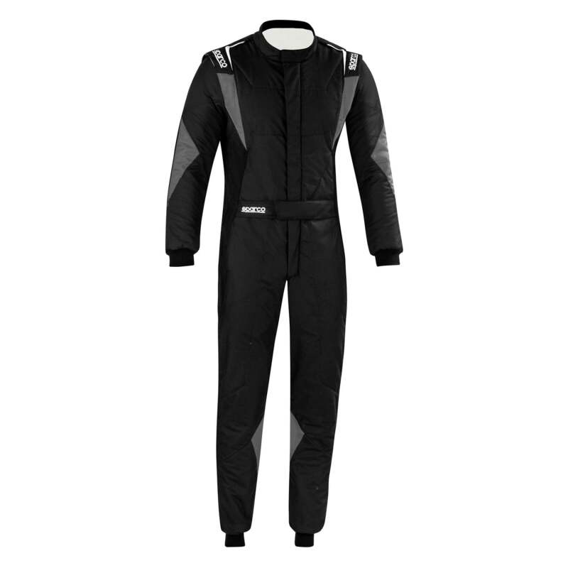 Black and grey Sparco Superleggera racing suit in size 56, made for motorsport racing with durable, snug-fitting fabric.