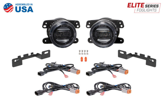 Pair of Diode Dynamics Elite Series Type MR fog lamps in white, automotive fog lights with clear lenses and black housing.