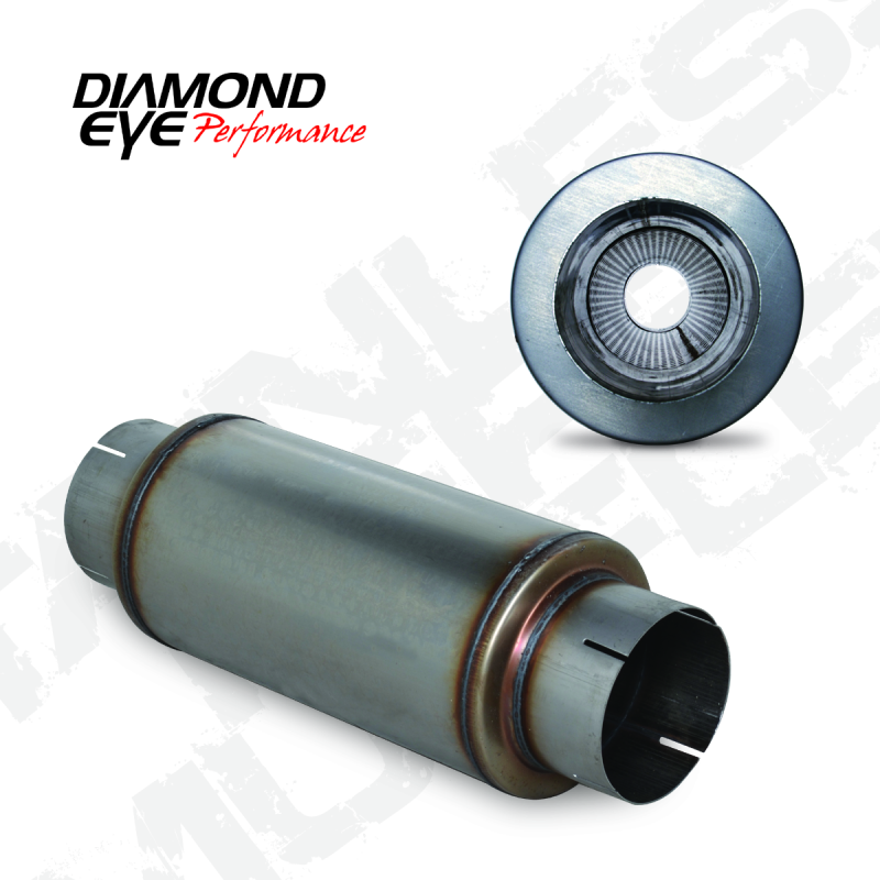Diamond Eye Performance exhaust muffler with 5-inch inlet, 7-inch diameter, 20-inch length, and slotted ends in polished stainless steel.