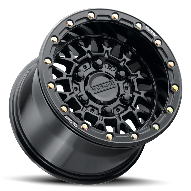 Raceline A15 Omega forged 15x10-inch gloss black wheels with 6x139.7 bolt pattern, 25mm offset, 78.1mm bore on a vehicle.