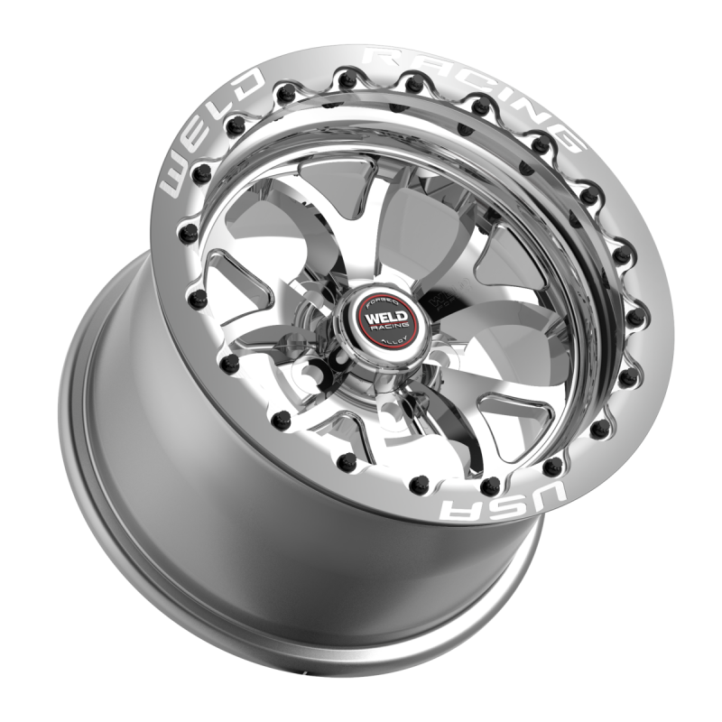 Polished Weld S76 Beadlock forged wheel, 15x10 inches, black shell with polished center, 5x115 bolt pattern, off-road ready design.