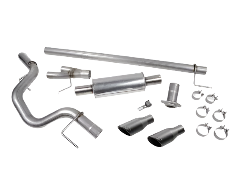 Roush black tip cat back exhaust system for Ford F-150 15-20 with 5.0L, 3.5L, or 2.7L engine, showing the exhaust tips.