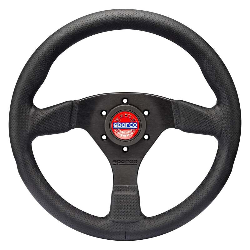 Sparco Strada Perf black and red steering wheel with sporty grip and detailed stitching, designed for racing and performance vehicles.